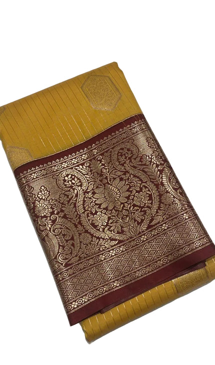 Traditional Mustard Yellow Semi Kanchipuram Saree with Rich Zari Border|S5_2