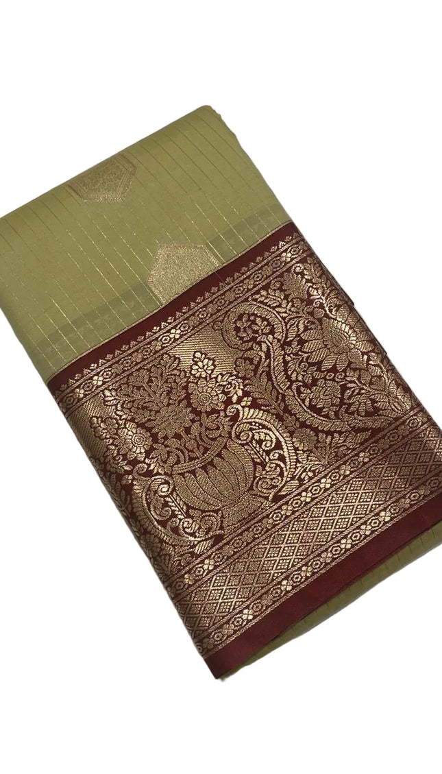Elegant Olive Green Semi Kanchipuram Saree with Rich Zari Border|S5_1