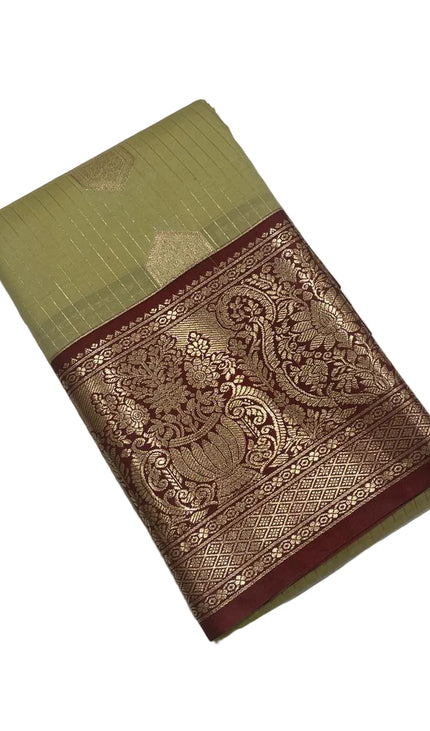 Elegant Olive Green Semi Kanchipuram Saree with Rich Zari Border|S5_1