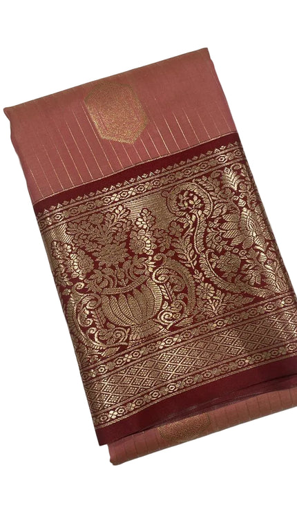 Elegant Pink Semi Kanchipuram Saree with Rich Maroon Zari Border|S5