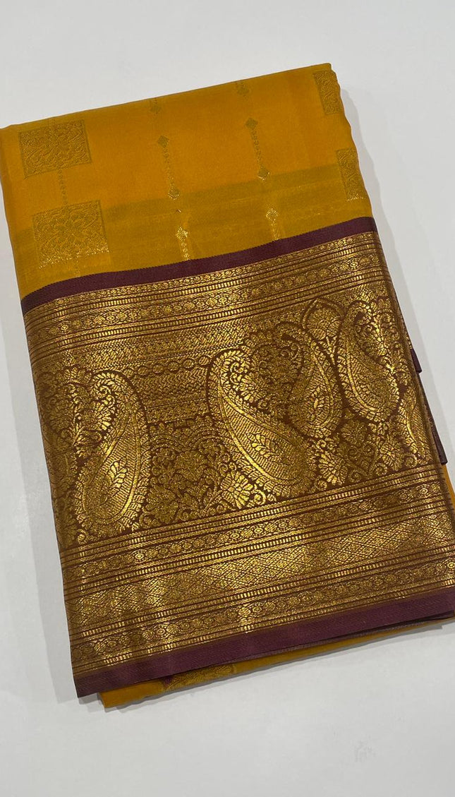 Classic Mustard Yellow Semi Kanchipuram Saree with Attached Blouse|S6_1