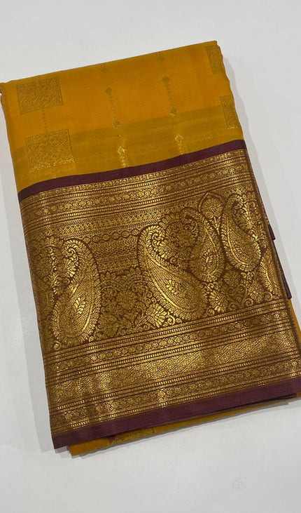 Classic Mustard Yellow Semi Kanchipuram Saree with Attached Blouse|S6_1