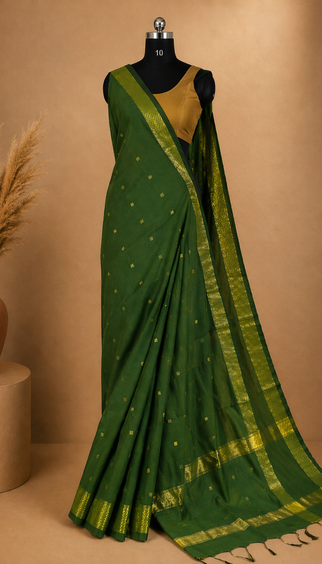 Maheshwari Cotton Saree – Green with Zari Buti & Contrast Gold Border|CS10_4