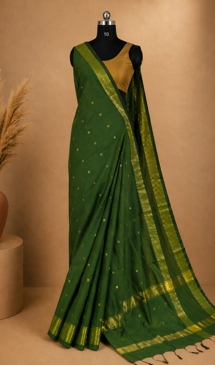 Maheshwari Cotton Saree – Green with Zari Buti & Contrast Gold Border|CS10_4