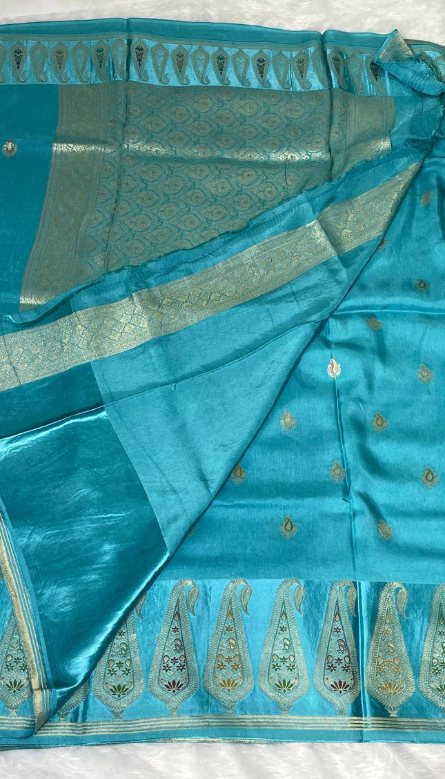 Turquoise Blue Premium Crepe Silk Saree with Designer Paisley Border|DS1