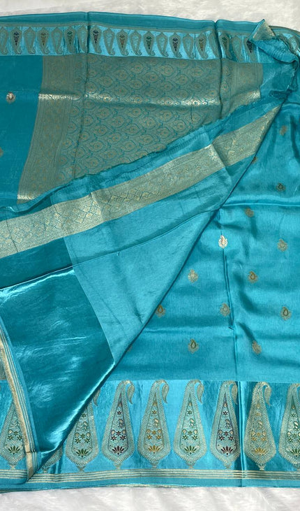 Turquoise Blue Premium Crepe Silk Saree with Designer Paisley Border|DS1