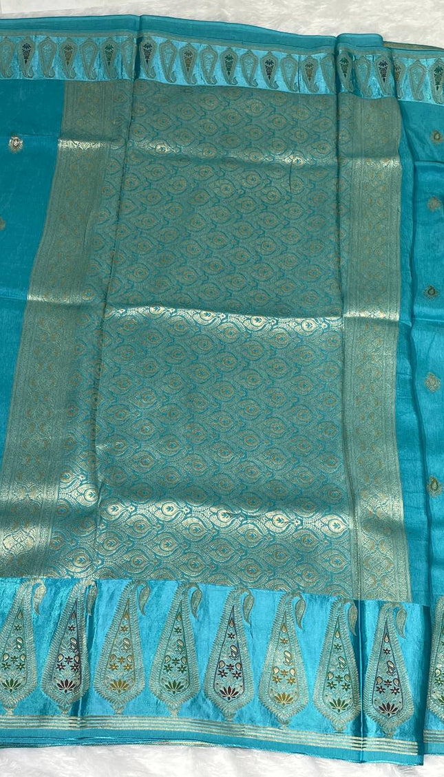Turquoise Blue Premium Crepe Silk Saree with Designer Paisley Border|DS1