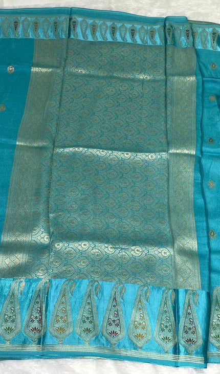 Turquoise Blue Premium Crepe Silk Saree with Designer Paisley Border|DS1
