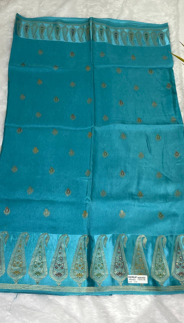 Turquoise Blue Premium Crepe Silk Saree with Designer Paisley Border|DS1