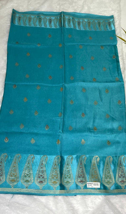 Turquoise Blue Premium Crepe Silk Saree with Designer Paisley Border|DS1