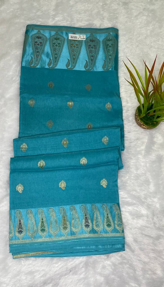 Turquoise Blue Premium Crepe Silk Saree with Designer Paisley Border|DS1