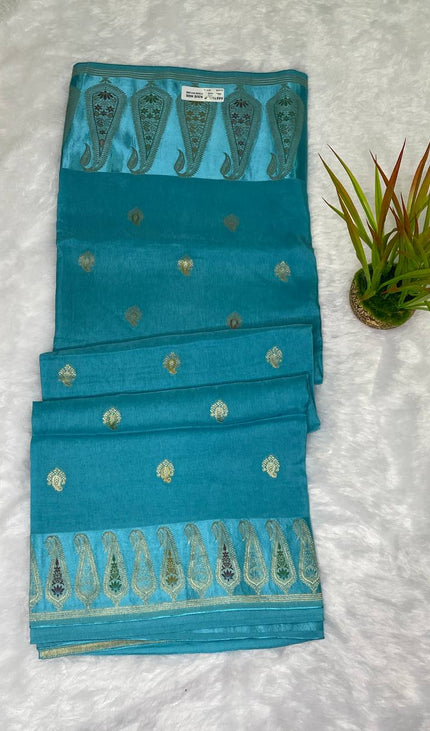 Turquoise Blue Premium Crepe Silk Saree with Designer Paisley Border|DS1