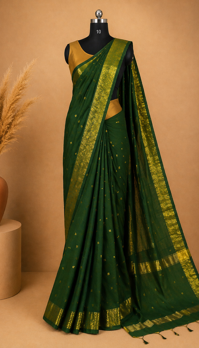 Maheshwari Cotton Saree – Green with Zari Buti & Contrast Gold Border|CS10_4
