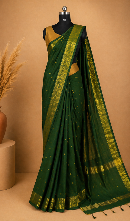 Maheshwari Cotton Saree – Green with Zari Buti & Contrast Gold Border|CS10_4