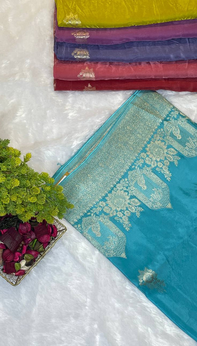 Blue cage design Crepe Silk Saree With Silver Zari Border |DS3
