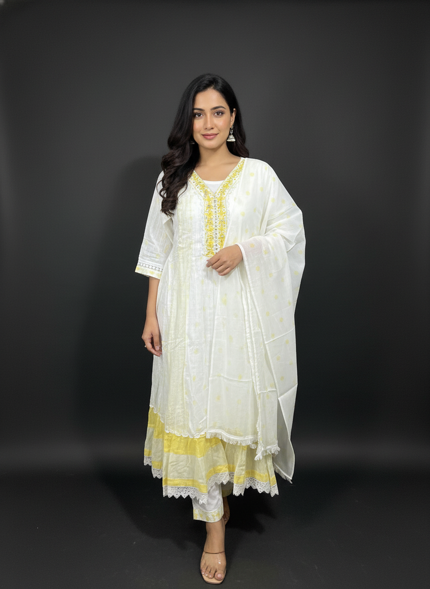 White embroidery straight cut kurta with dupatta| AS-00182