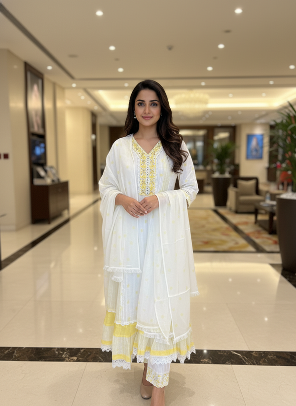 White embroidery straight cut kurta with dupatta| AS-00182