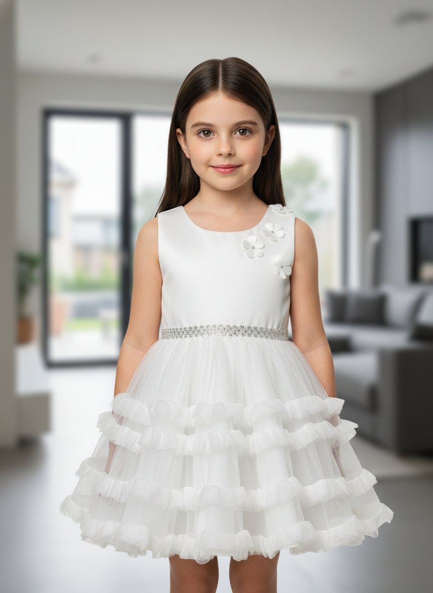 White Floral Party Frock For Girls|AS-K12