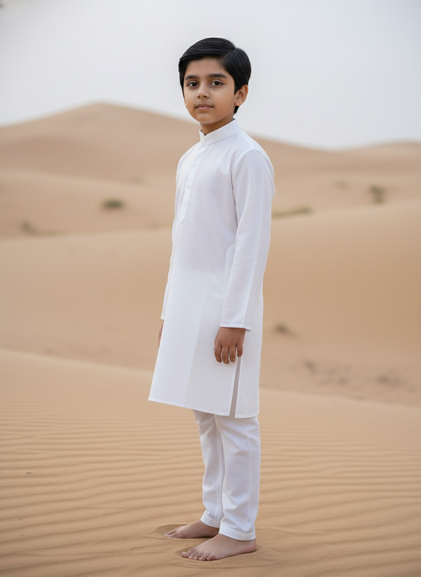 White solid Kurta with white Pajama Set For Boys | AS-K1