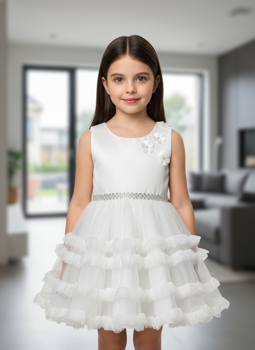 White Floral Party Frock For Girls|AS-K12