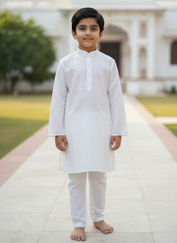 White solid Kurta with white Pajama Set For Boys | AS-K1