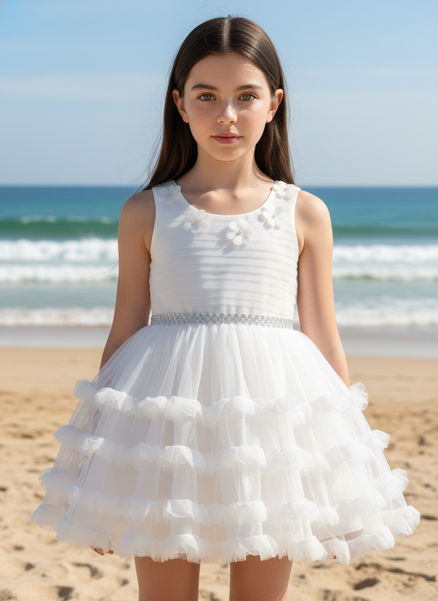 White Floral Party Frock For Girls|AS-K12