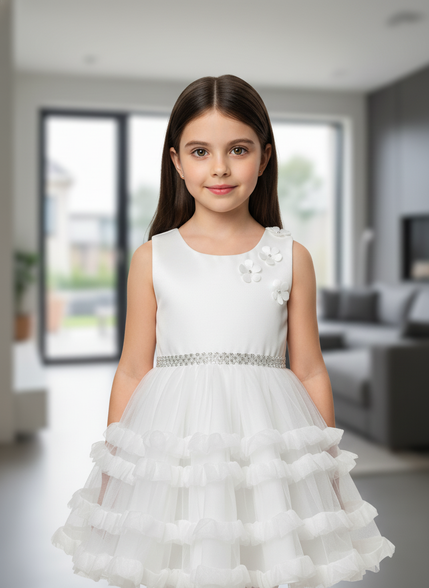 White Floral Party Frock For Girls|AS-K12