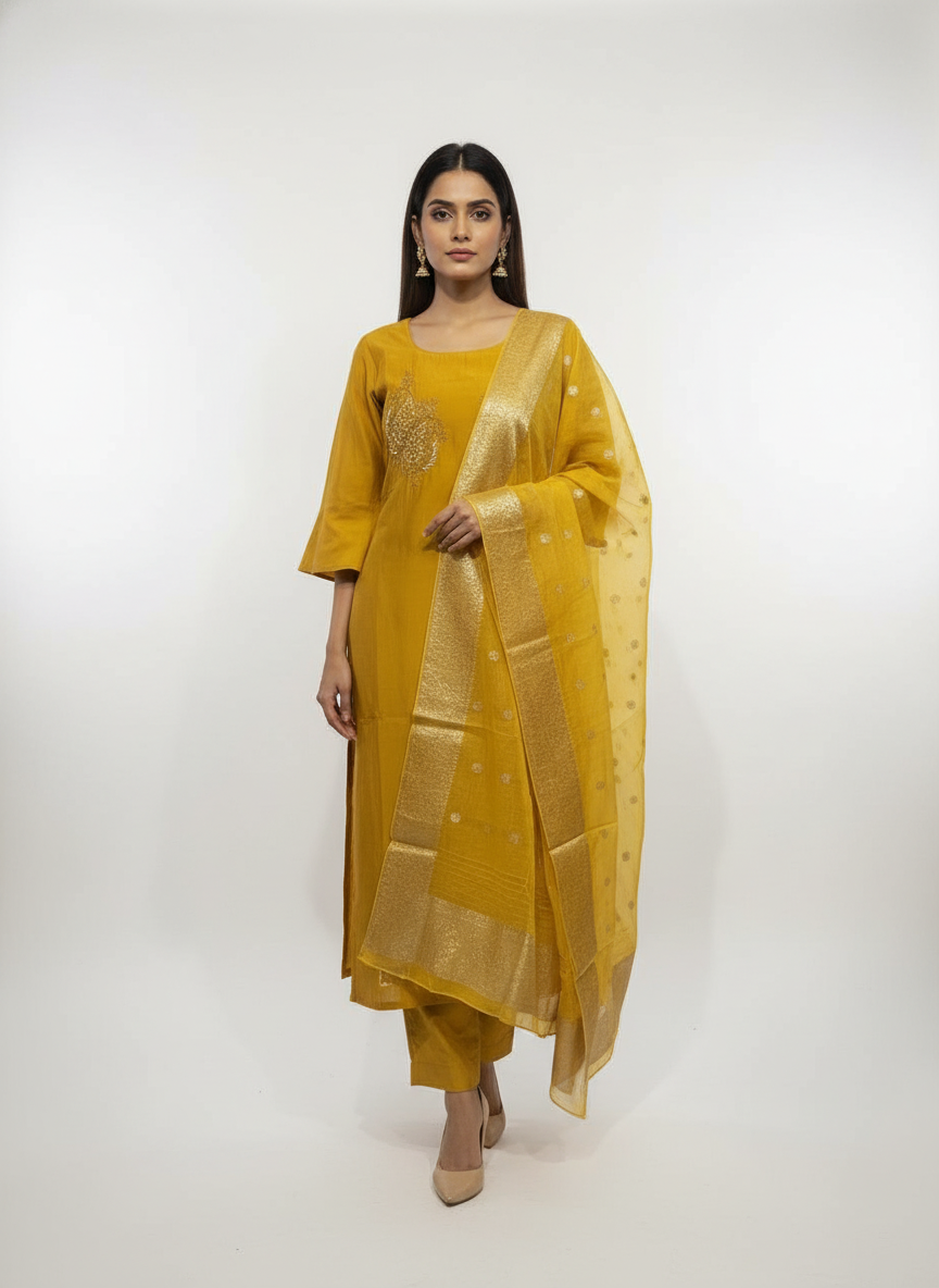 Elegant Mustard Kurta Set with Banarasi Dupatta| AS-00190