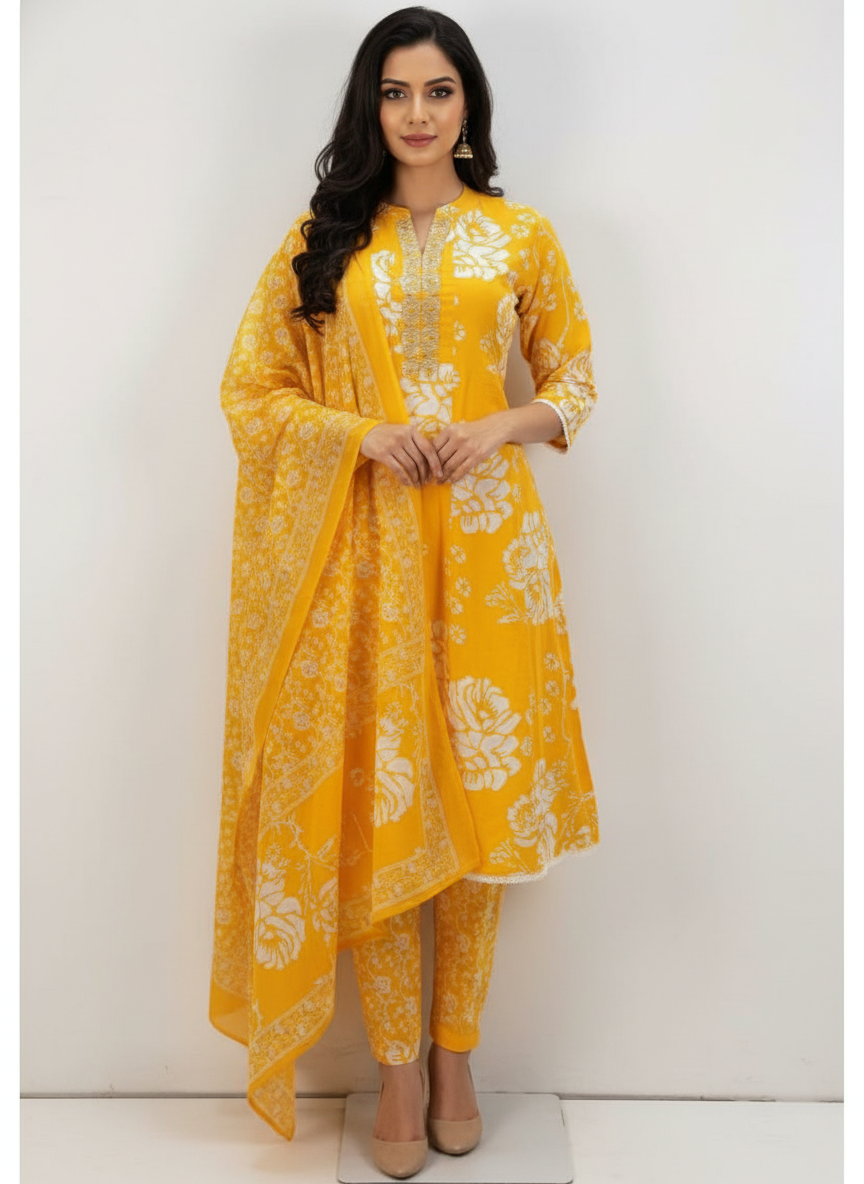Yellow Cotton Printed straight cut kurta with Dupatta| AS-00157