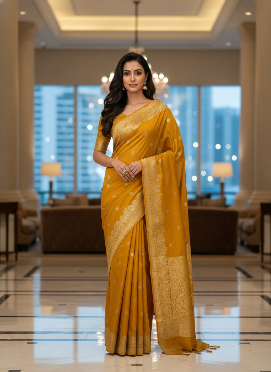 Mustrad Silk Saree with Woven Border| AS-00244