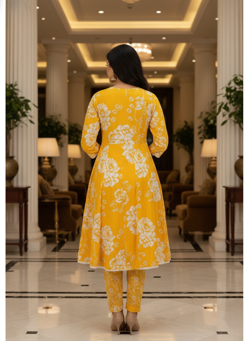 Yellow Cotton Printed straight cut kurta with Dupatta| AS-00157