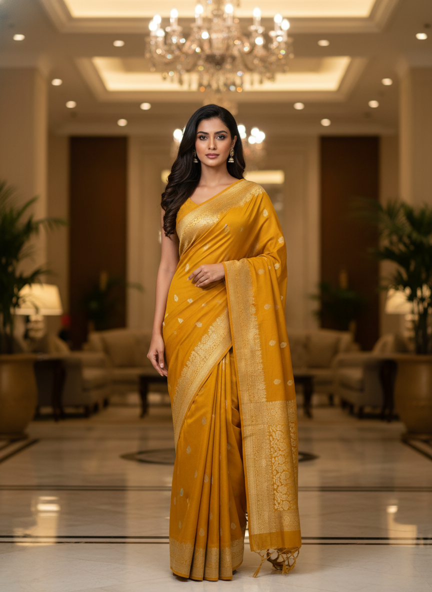 Mustrad Silk Saree with Woven Border| AS-00244