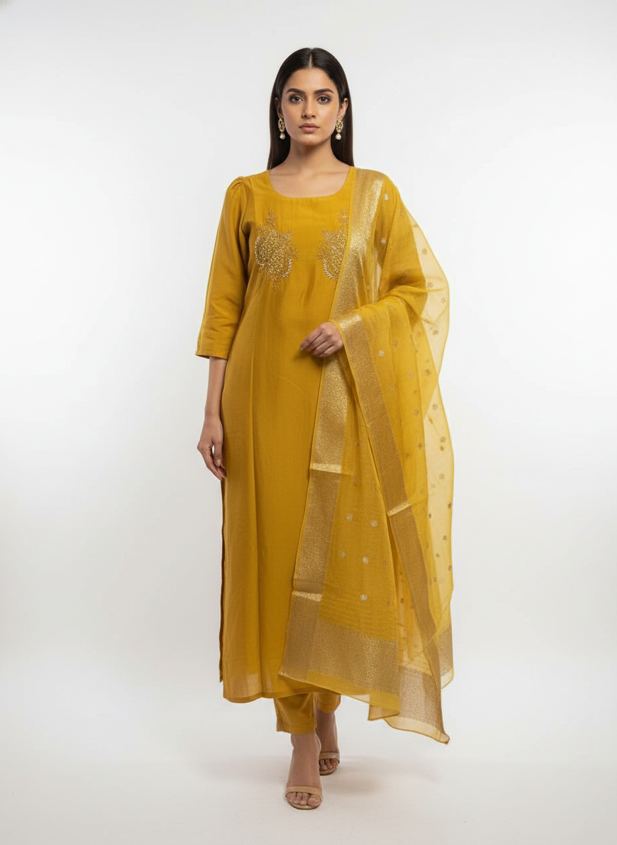 Elegant Mustard Kurta Set with Banarasi Dupatta| AS-00190
