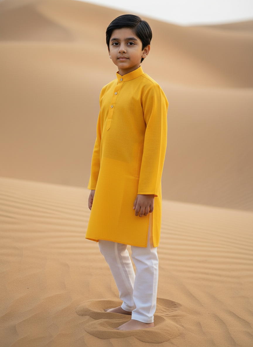 Yellow Solid Kurta with white Pajama Set For Boys | AS-K13