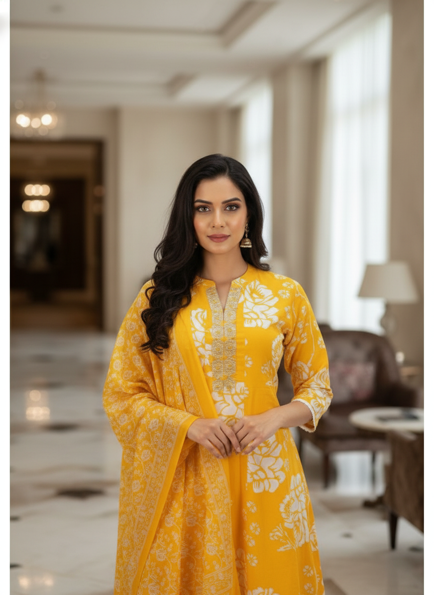Yellow Cotton Printed straight cut kurta with Dupatta| AS-00157