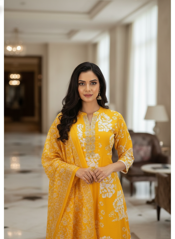 Yellow Cotton Printed straight cut kurta with Dupatta| AS-00157