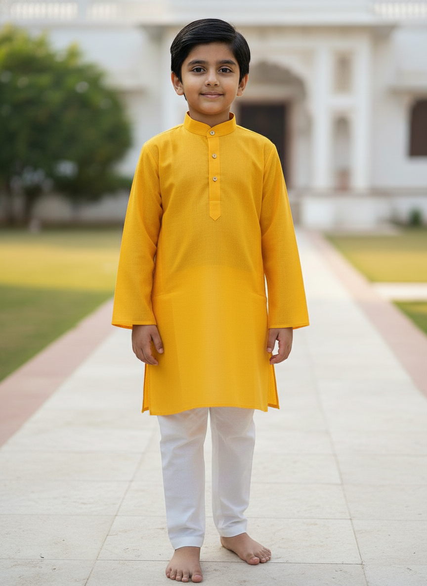 Yellow Solid Kurta with white Pajama Set For Boys | AS-K13