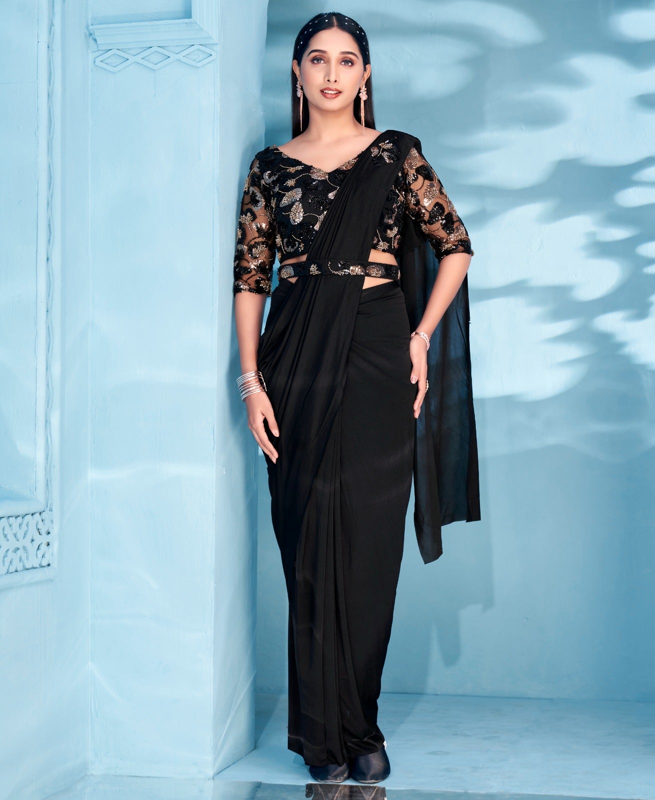 Black 1-Minute Ready-to-Wear Saree | Pre-Stitched Pleated Saree
