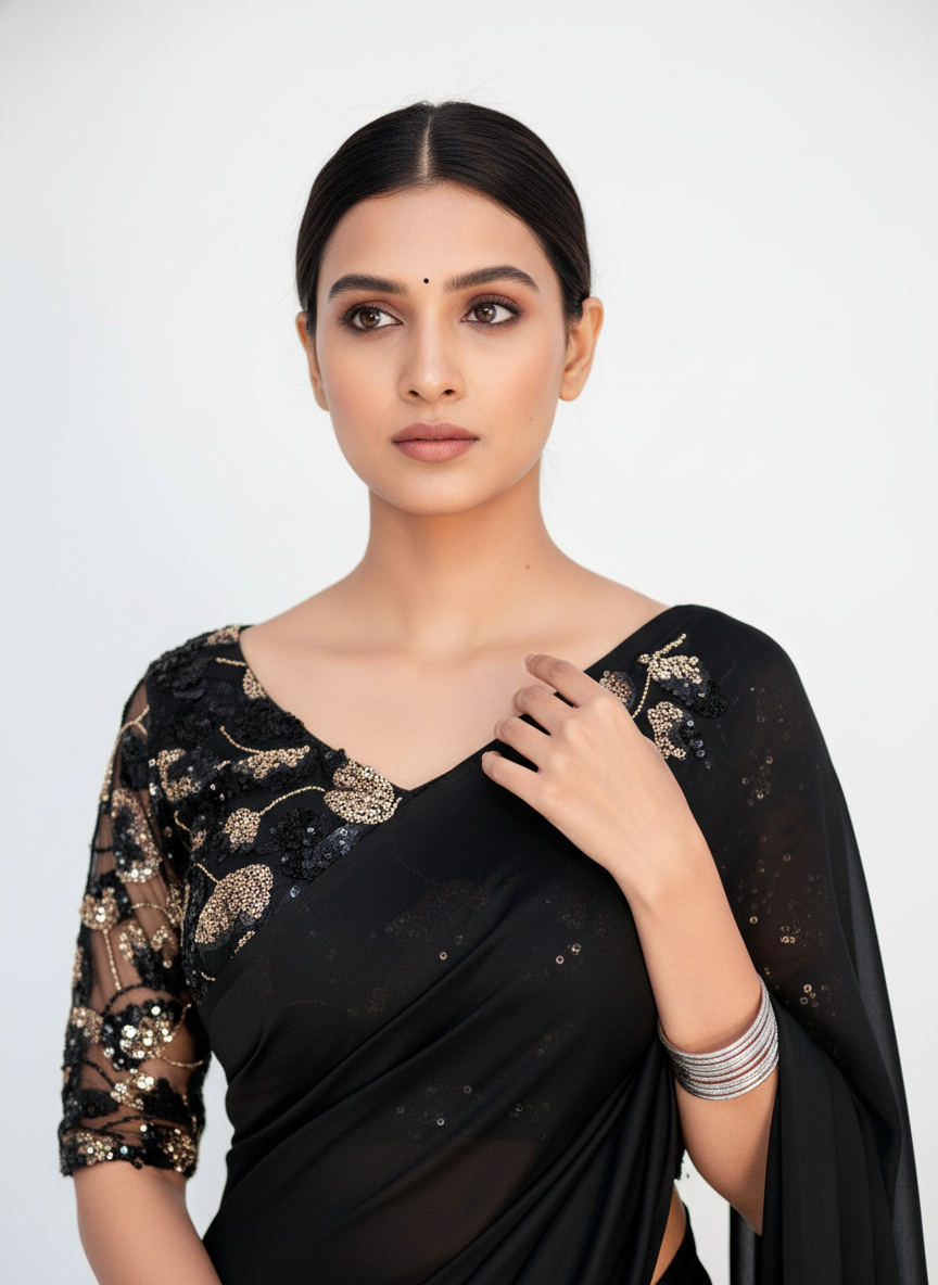 Black 1-Minute Ready-to-Wear Saree | Pre-Stitched Pleated Saree