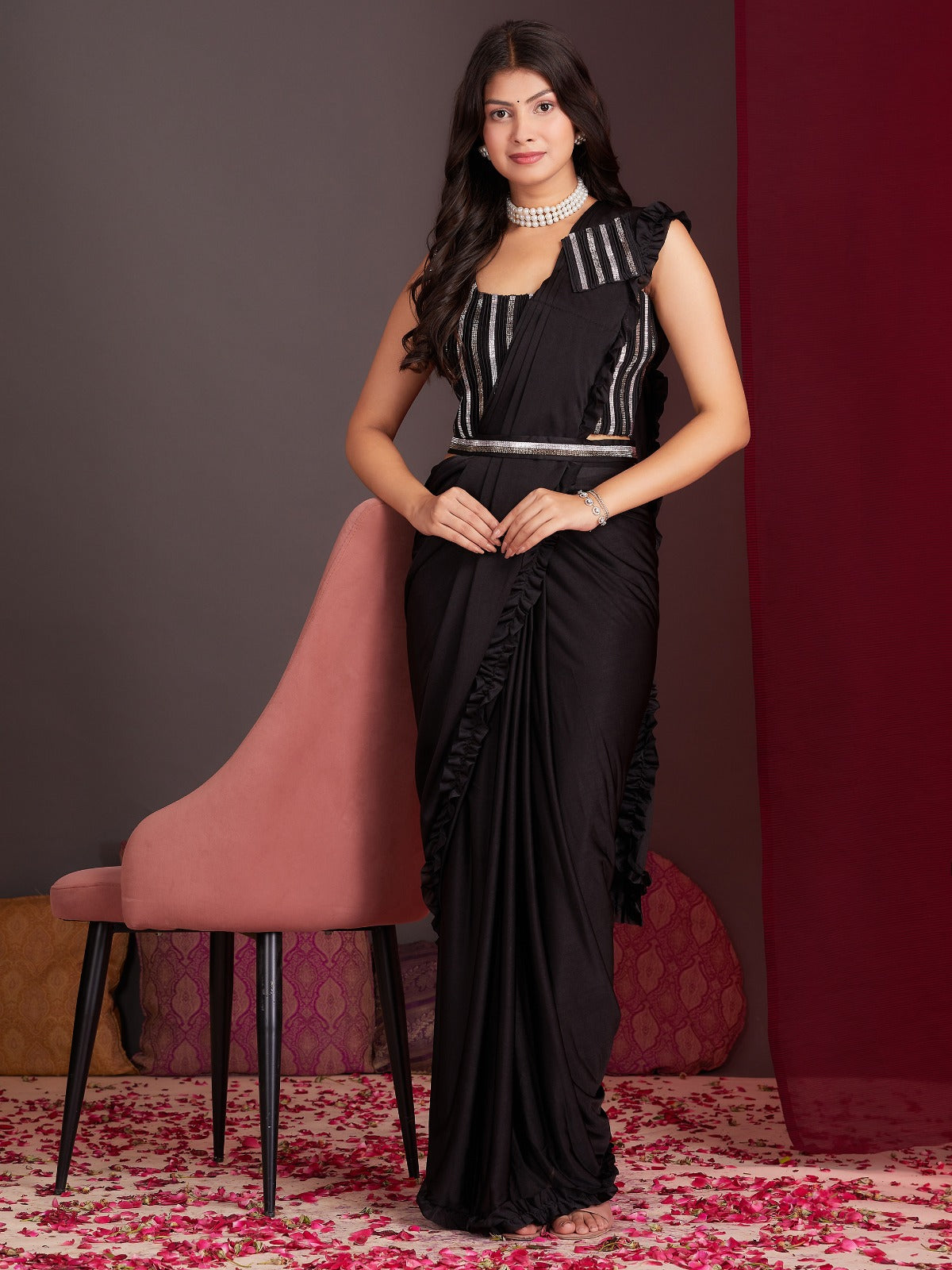 Elegant Black  Ready-to-Wear Saree for Weddings | Instant Festive Drape