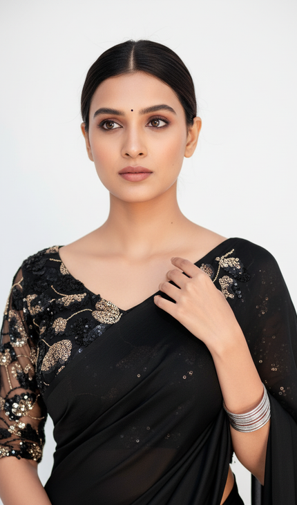 Black Ready-to-Wear Saree with Embroidery  Stitched Blouse
