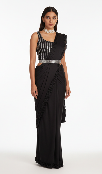 Black Ready-to-Wear Saree with Stitched Blouse