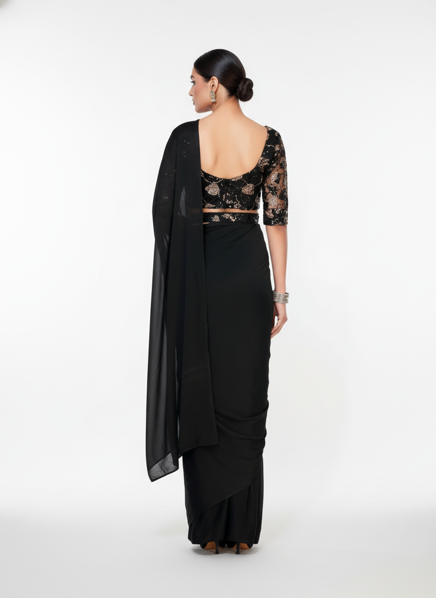 Black 1-Minute Ready-to-Wear Saree | Pre-Stitched Pleated Saree