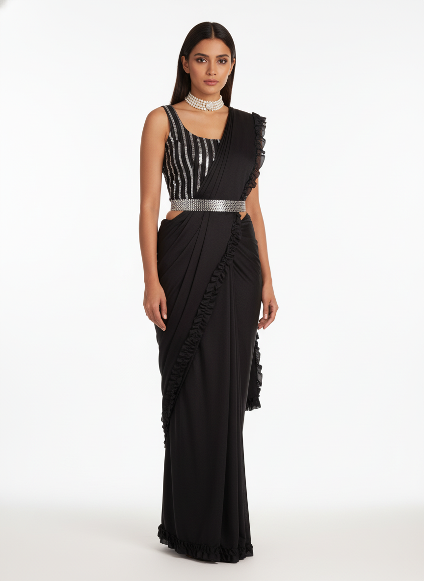 Elegant Black  Ready-to-Wear Saree for Weddings | Instant Festive Drape