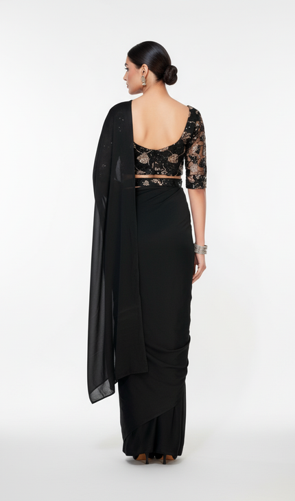 Black Ready-to-Wear Saree with Embroidery  Stitched Blouse