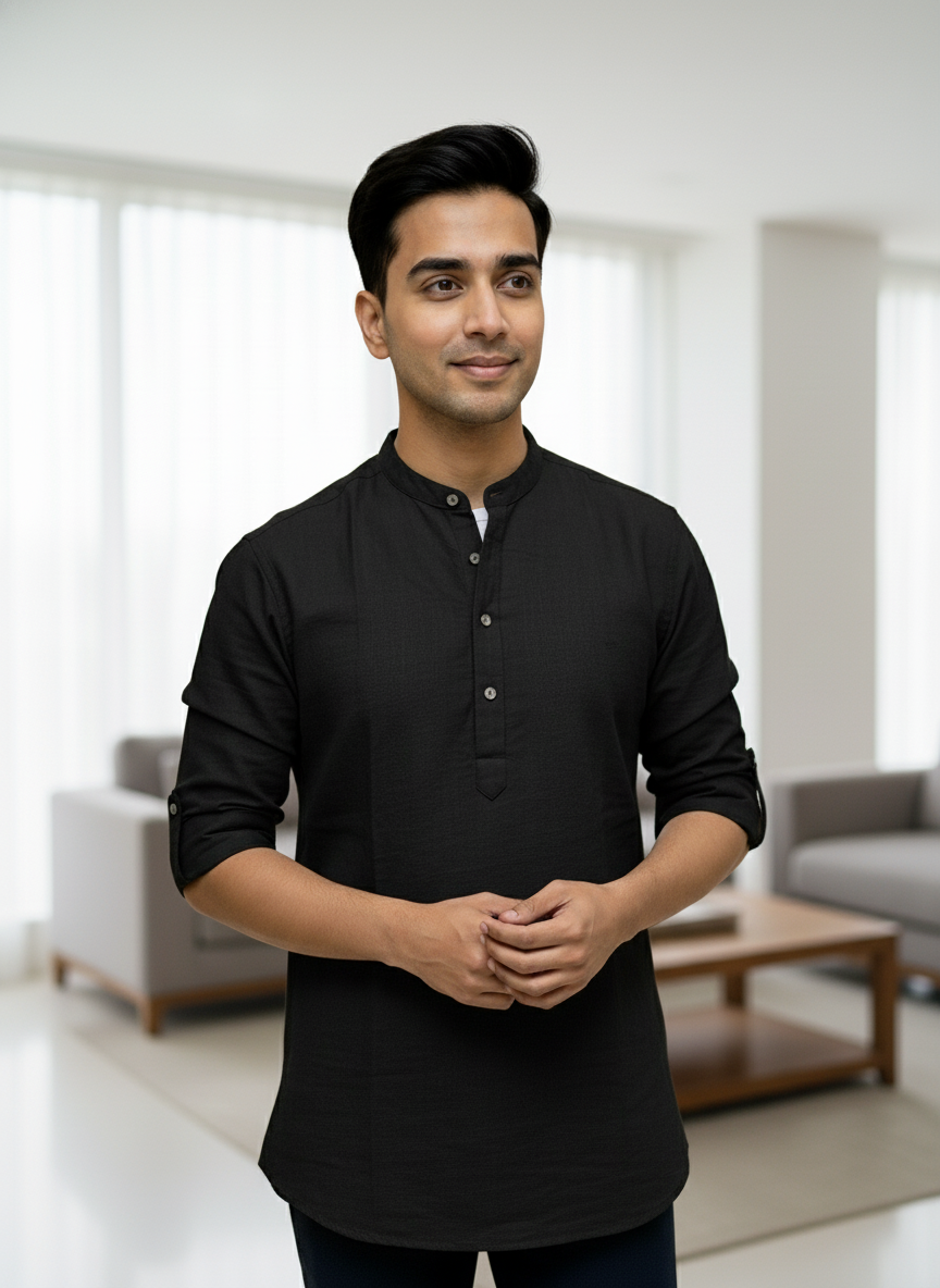 Men's Textured Cotton Short Kurta | Roll-Up Sleeves | 162