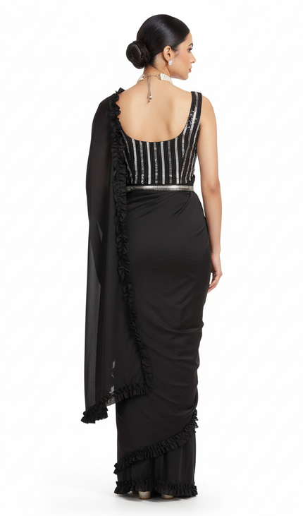 Black Ready-to-Wear Saree with Stitched Blouse