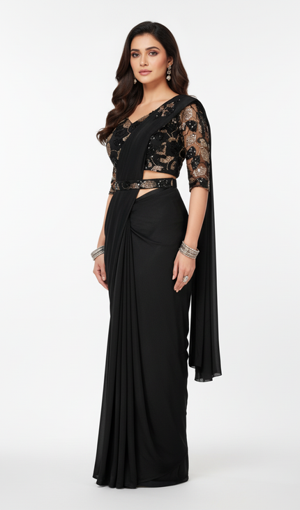 Black Ready-to-Wear Saree with Embroidery  Stitched Blouse