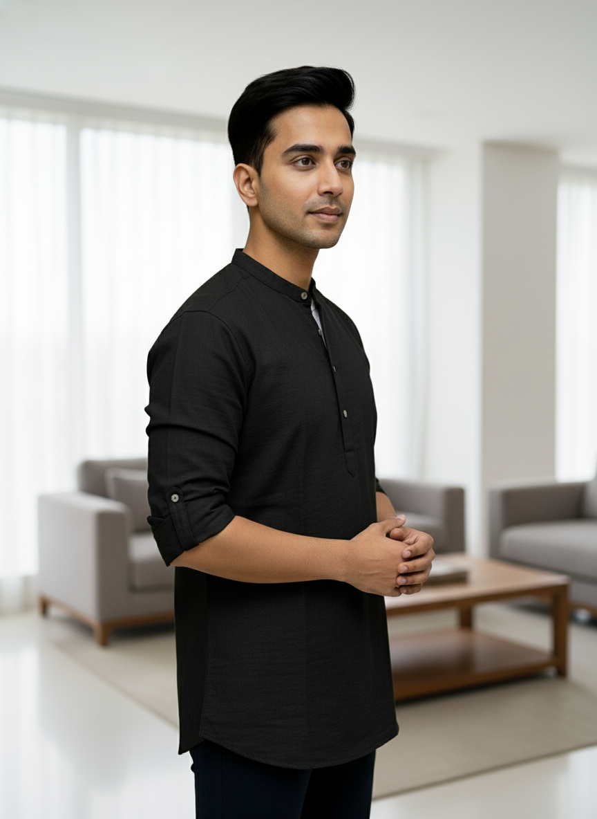 Men's Textured Cotton Short Kurta | Roll-Up Sleeves | 162
