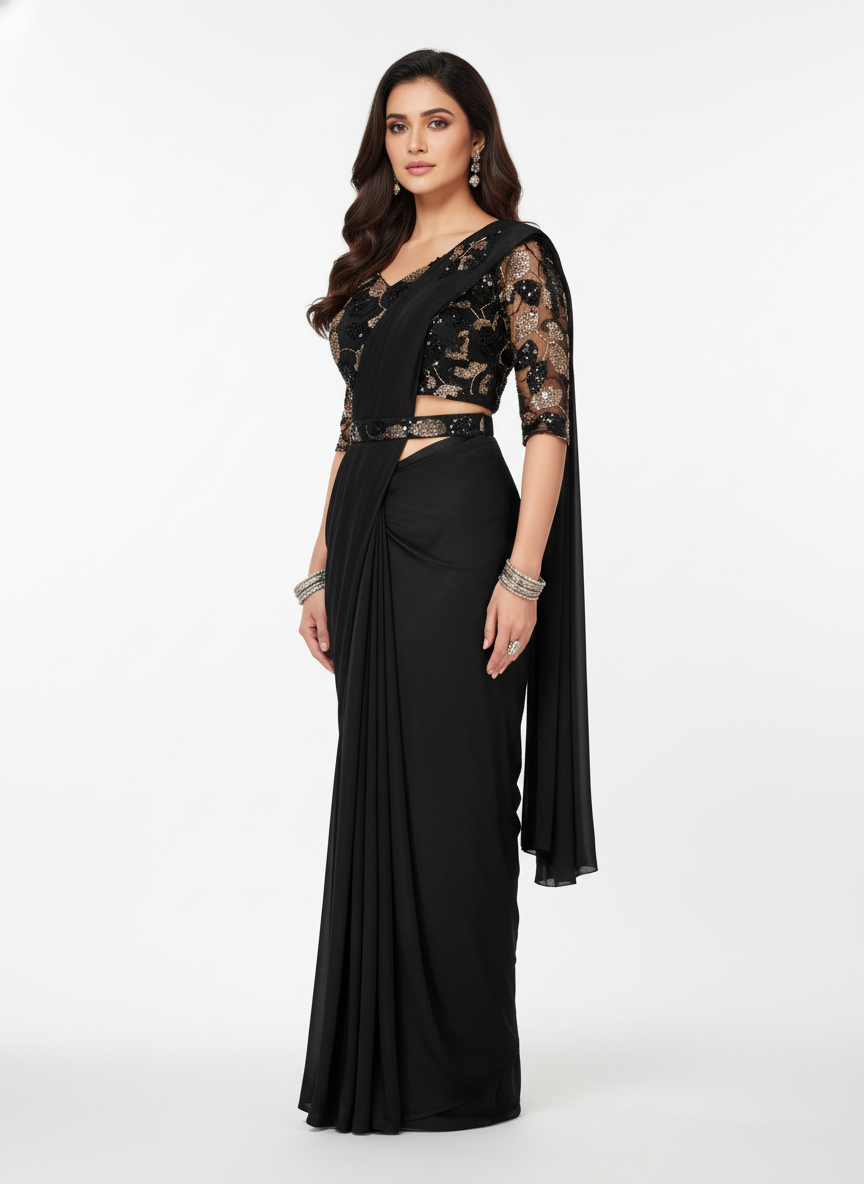 Black 1-Minute Ready-to-Wear Saree | Pre-Stitched Pleated Saree